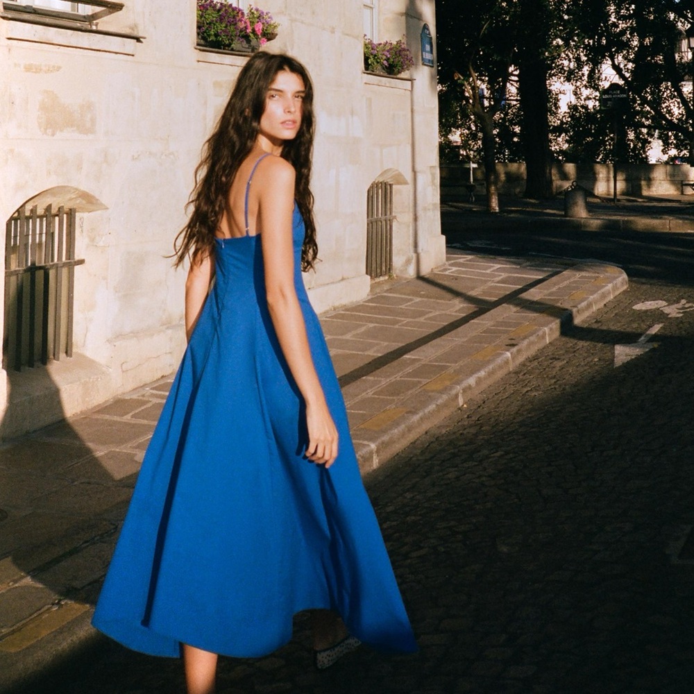 ZARA blue poplin midi dress with adjustable straps, fit & flare.  XL NWT